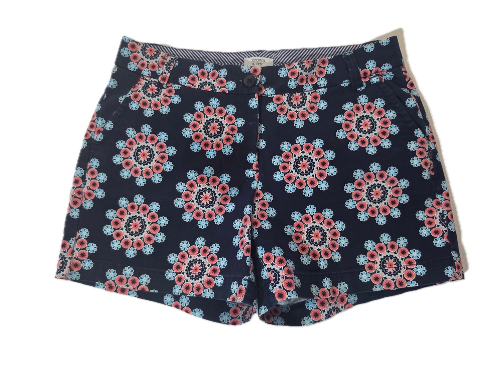 Crown & Ivy Shorts Womens 4 Blue Floral Twill High Waist Flat Front Pockets Zip